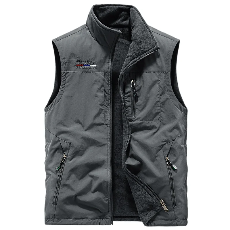 New Autumn Men Outdoor Fleece Warm Waistcoats Multi-pockets Climbing Sleeveless Jackets Men Cargo Vests Wearing on Both Sides 6X