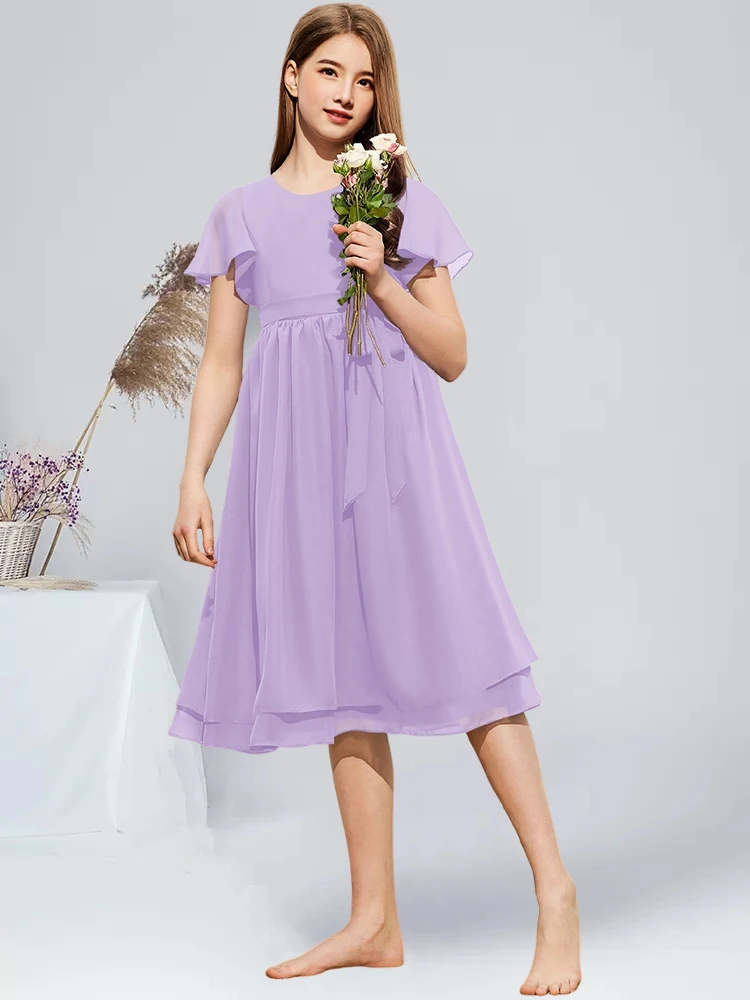DFD Kids A-line Scoop Knee-Length Chiffon Junior Bridesmaid Dress Bow Summer Blue Flower Girl Dress Graduation Party Dress Guest
