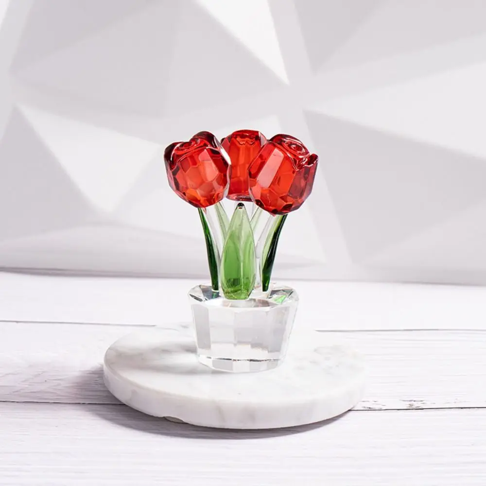 Romantic Crystal Tulip Statue Handmade Colorful Crystal Rose Figurine Reflect Home Decor Desktop Ornament Women