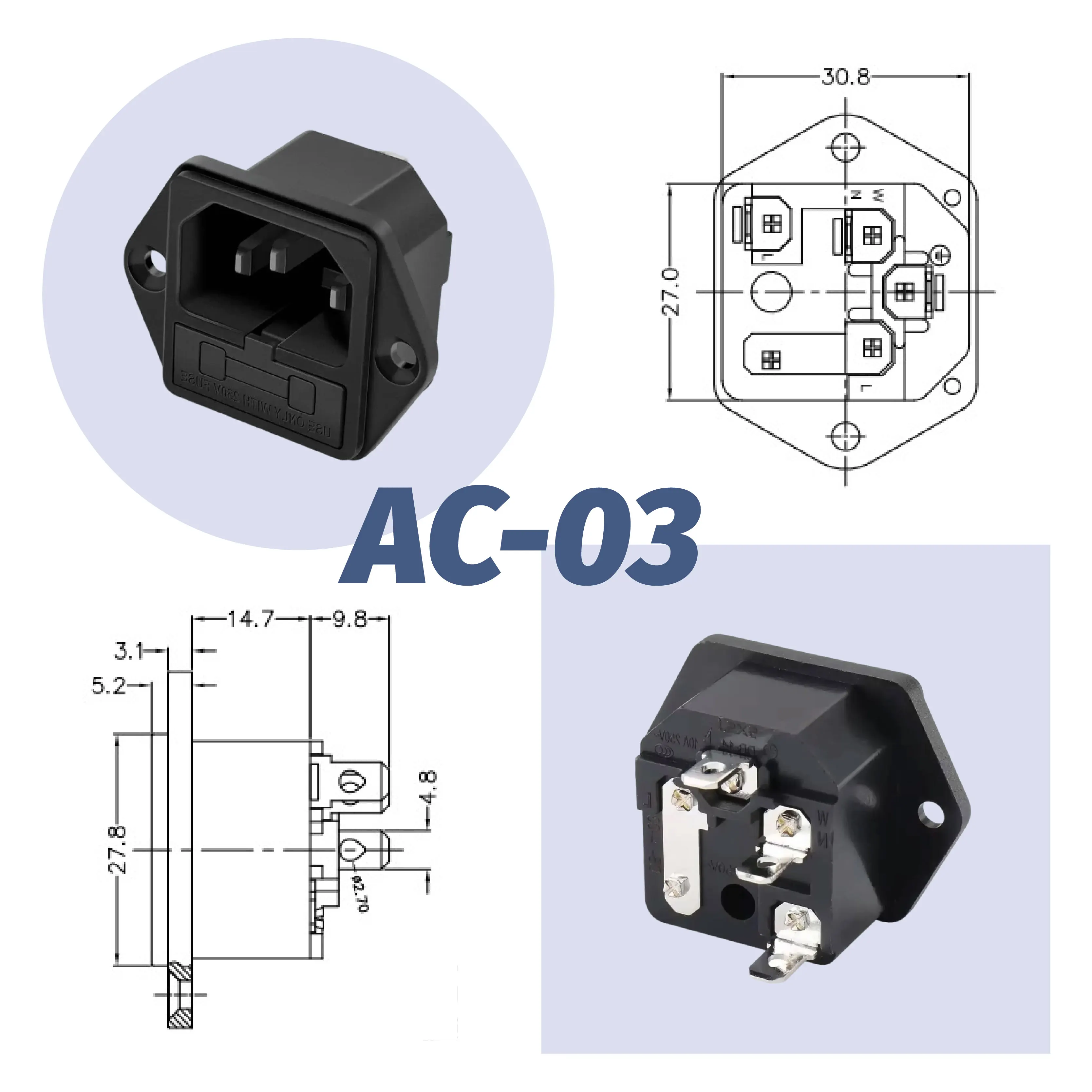 AC-03 IEC320 مقبس لوحة الطاقة Rewirable الأسلاك التوصيل وعاء البطارية الكهربائية 10A 250 فولت موصل الذكور #1