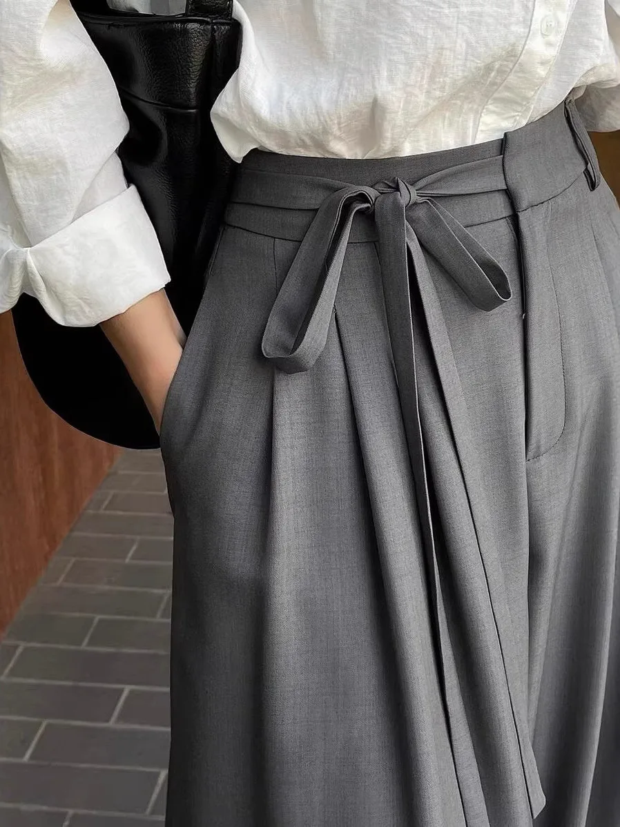Retro Wide Leg Suit Pants Women's High Waist Trousers Draped Belted Vintage Style Formal Pants Cotton Polyester Blend