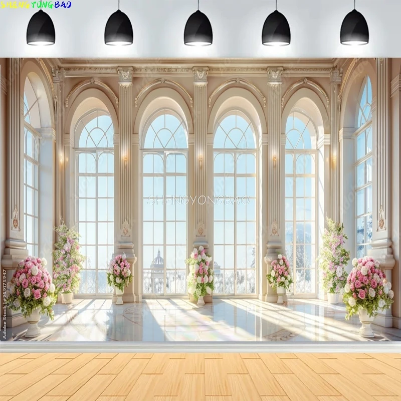 

Luxurious Spacious Room Baroque Arches Columns Backdrops Rococo Doorway Intricate Carvings Wedding Photo Background LK-03