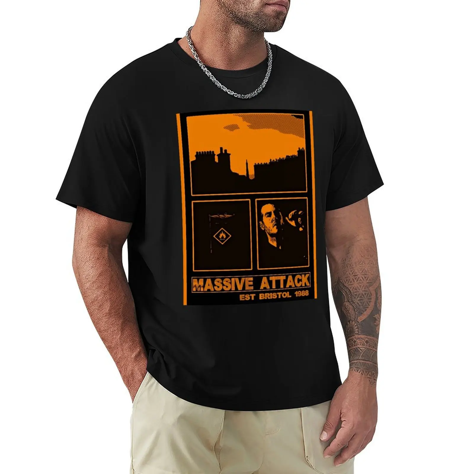MASSIVE ATTACK BRISTOL COLLAGE PRINT ORANGE T-Shirt Work Short Sleeve Cotton Top
