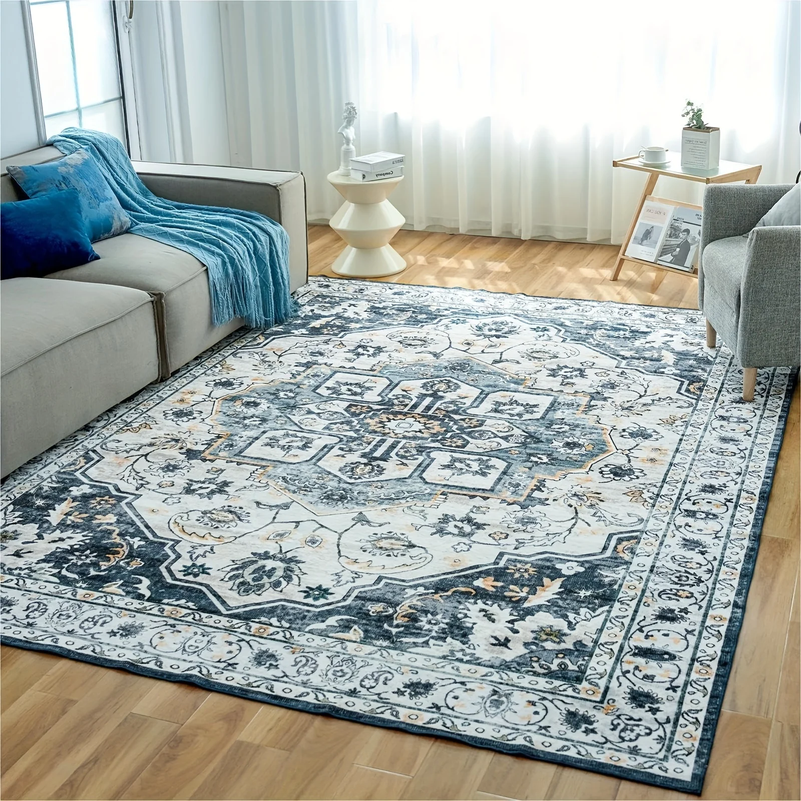

1 Pc Washable Rug Vintage Medallion Area Rug with Non-Slip Backing, Non-Shedding Floor Mat for Living Room Bedroom Kitchen Laund