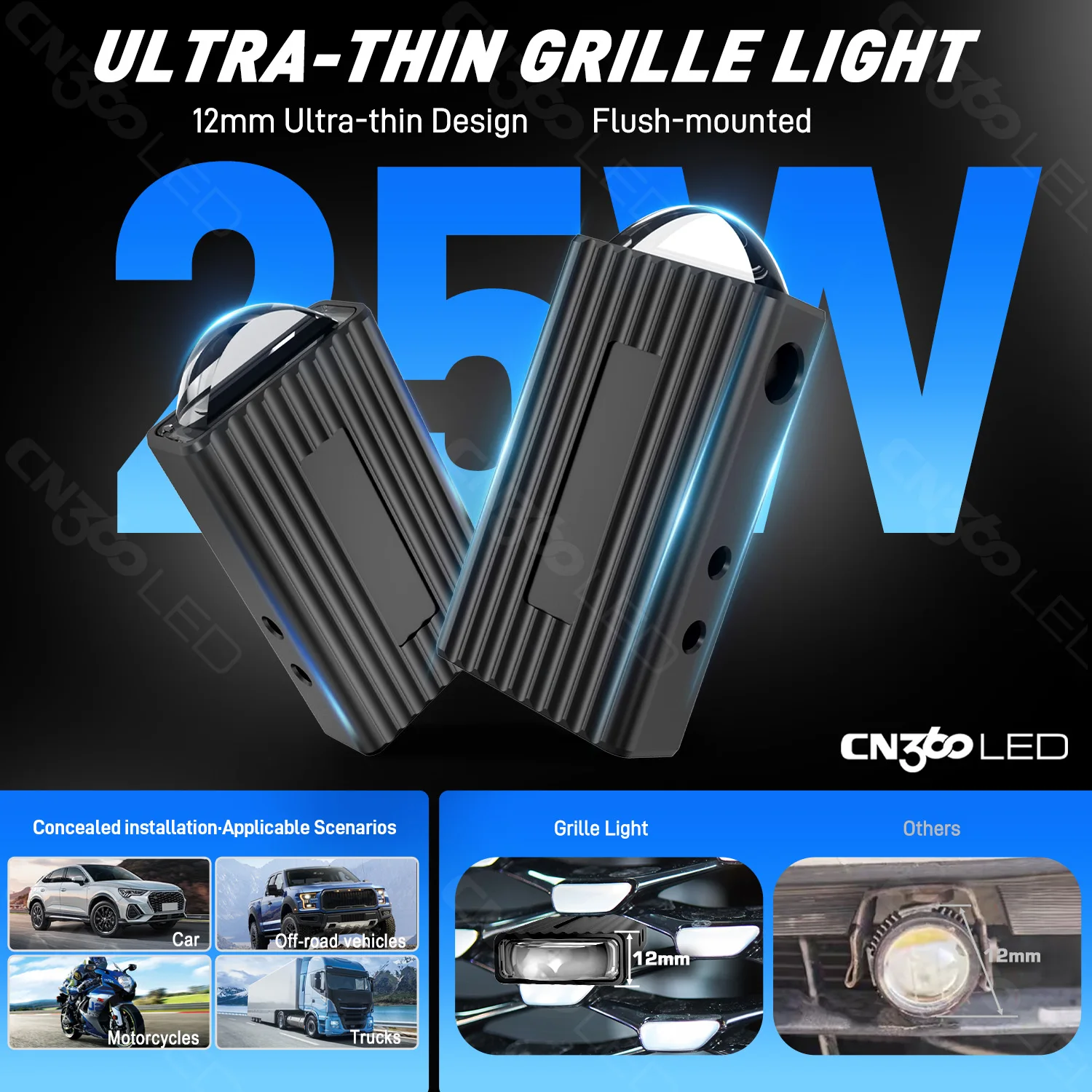 

OGA 2PC Ultra-thin Dual Color Grille Light 25W No Fan 6500K IP67, Concealed Install for Car Motorcycle Truck Offroad Vehicle