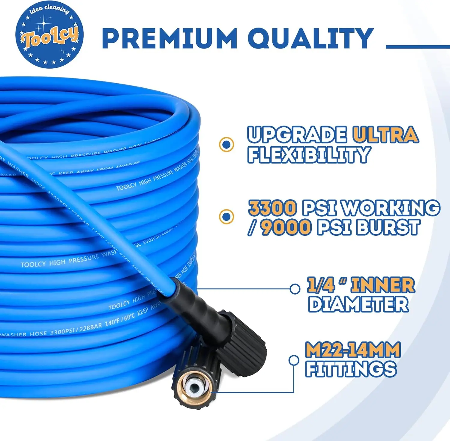 Super Flexible Pressure Washer Hose 50ft, 3300 PSI Kink Resistant Power Washer Hose 1/4 in., Replacement Power Wash Hose for Gas