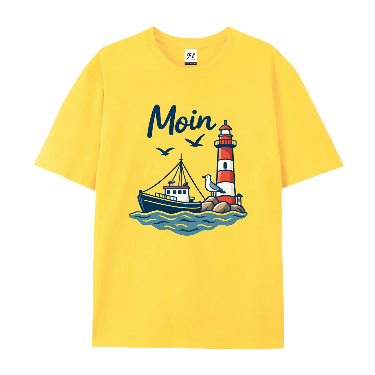 Unisex Crew Neck T Shirt Nautical Lighthouse Fishing Boat Print Short Sleeve Tees Soft Cotton Tops For Ocean Daily Holiday Wear