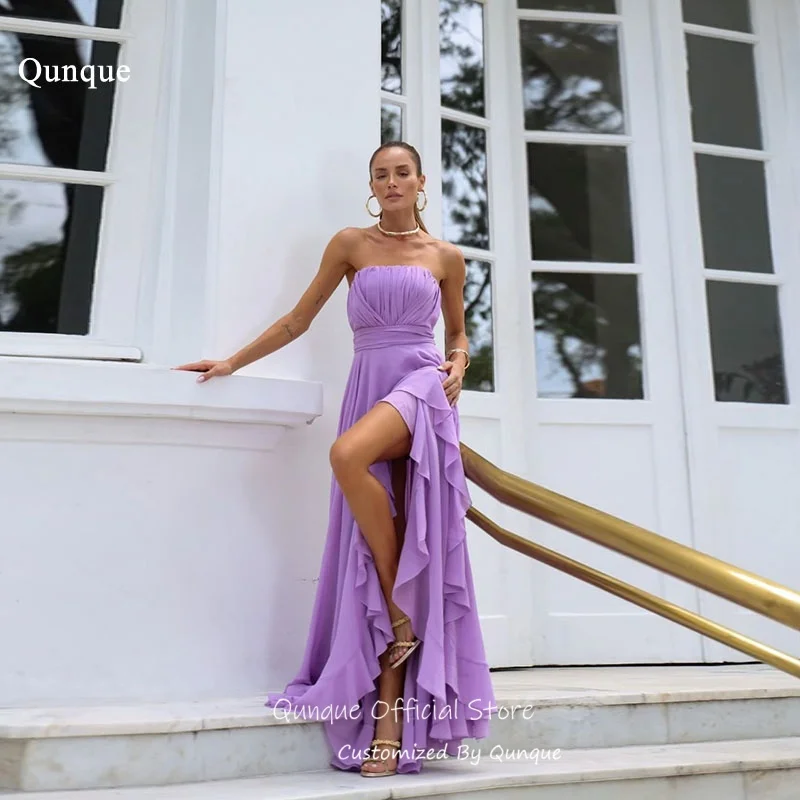 Qunque Sexy High Slit Chiffon Evening Dresses Strapless Maxi Vestidos De Fiesta Elegantes Strapless Robes De Soirée Customized