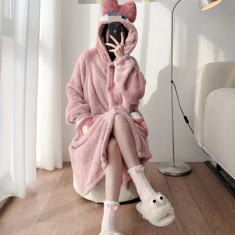 Autumn Winter Kawaii Cartoon Pajama Sets Women Pyjamas Cosplay Anime Nightgowns Flannel Long Robes Thick Coral Fleece Nightdress