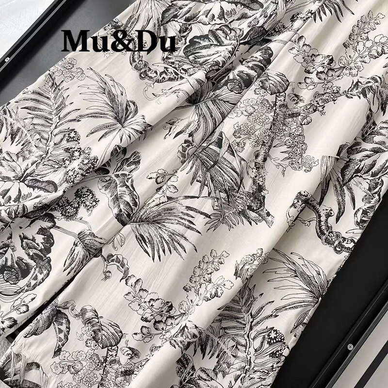 Mu&Du Women 2024 Summer New Fashion Print Wide Leg Pants Vintage High Waist Chic Side Pocket Casual Elastic Waist Trousers Mujer