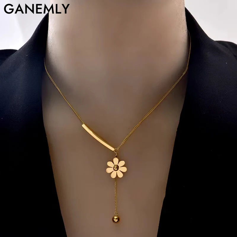 GANEMLY 316L Stainless Steel Gold Color Flower Pendant Necklace For Women Fashion Neck Chain Waterproof Jewelry Gift Collar