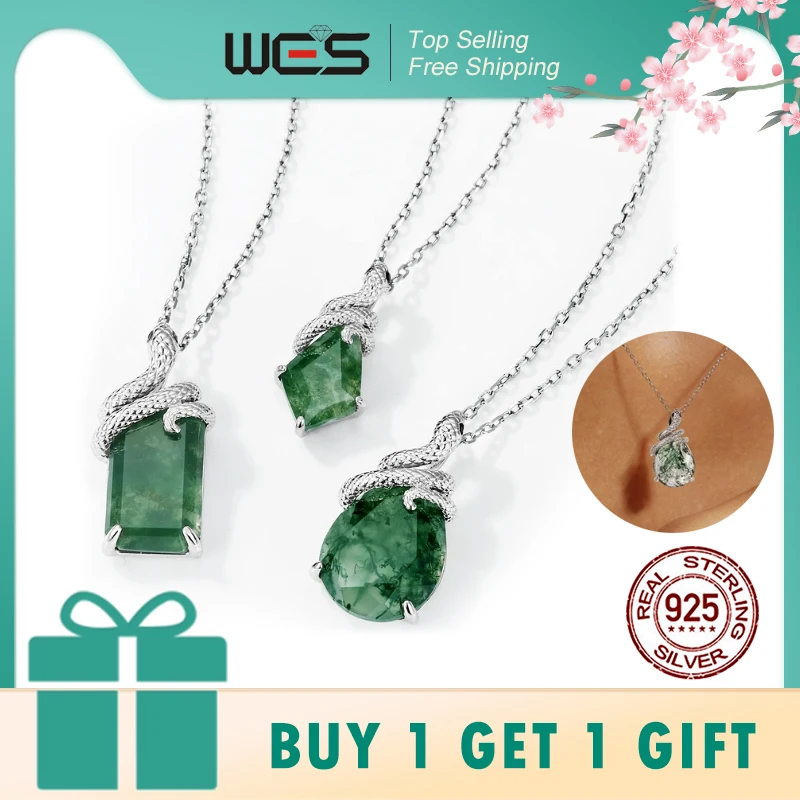 

WES 100% 925 Silver Snake Natural 7*11mm Moss Agate Pendant Necklace for Women Engagement Animal Forest Jewelry Gift Wholesale