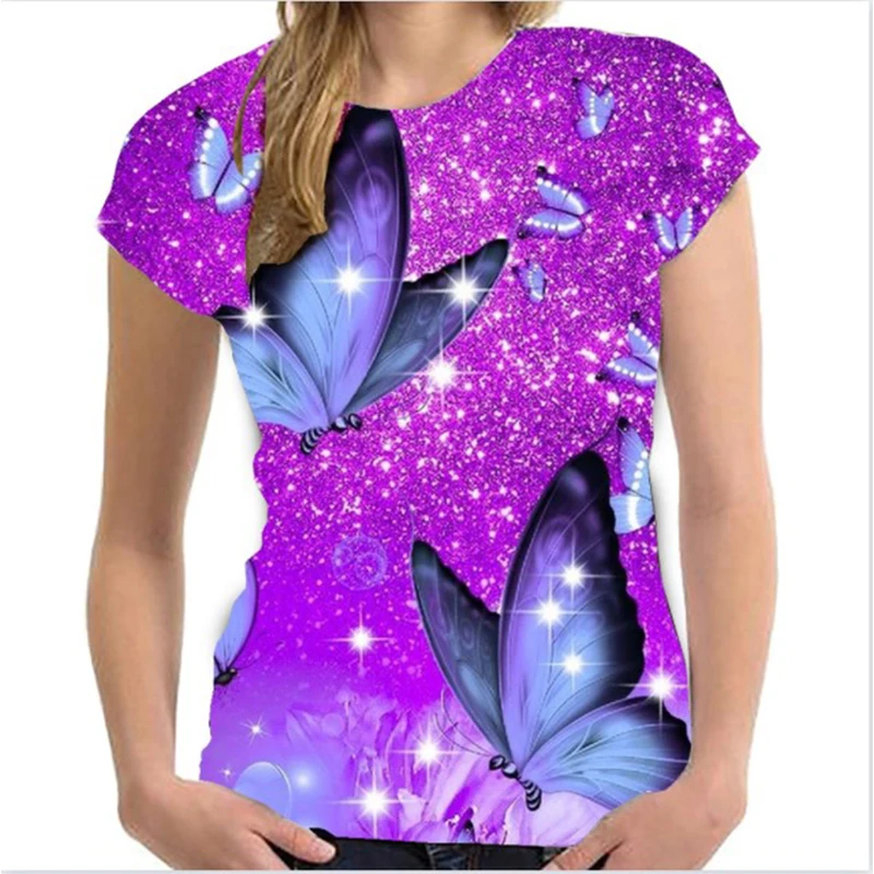 Camiseta informal de gran tamaño con cuello redondo para mujer, camisetas Y2K para niña, ropa de verano, ropa informal con estampado 3D de mariposa