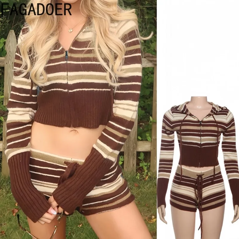 

FAGADOER Winter New Fashion Woman 2 Piece Set Outfit Color Block Stripe Patchwork Crop Top and Shorts Suits Female Streetwear
