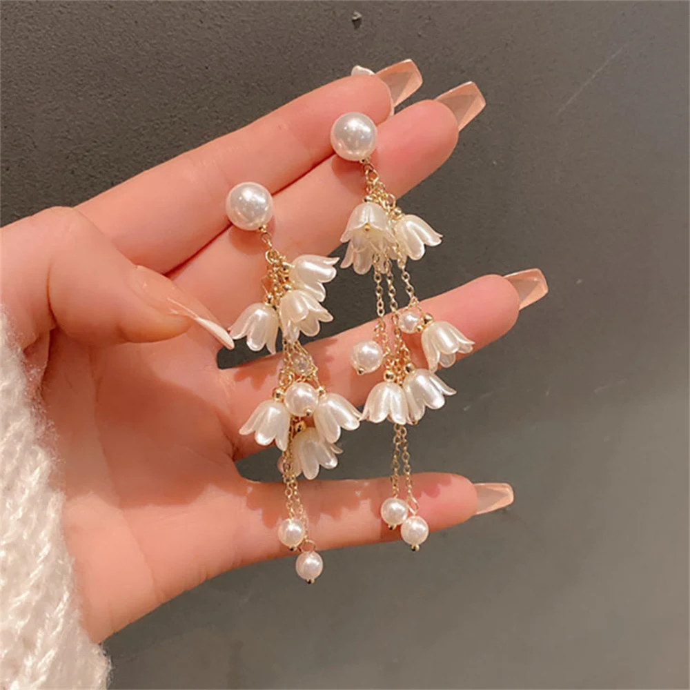 Kpop Acryl Weiße Blume Tropfen Ohrring Süße Lange Quaste Perle Ohrringe Für Frauen Mode Schmuck Zubehör Geschenk
