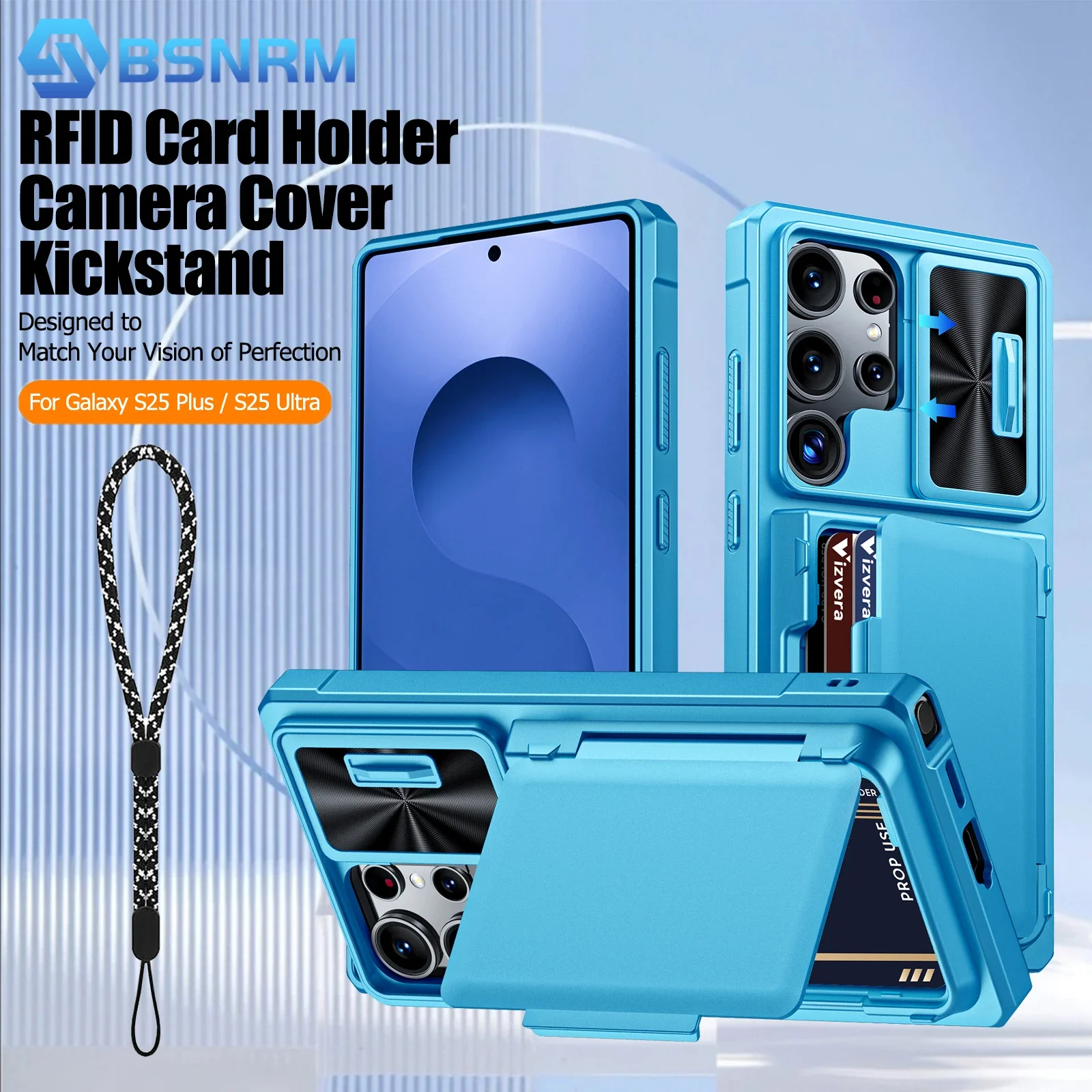 

Ультразащитный чехол для телефона Galaxy S25, кошелек, держатель RFID-карты, чехол для камеры, прочный противоударный силиконовый чехол на весь корпус, светло-синий
