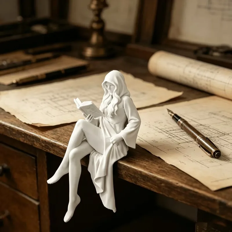3D Printed Reading Hooded Lady Shelf Sitter Figurine White Book Nook Decor Vintage Bookshelf Edge Ornament Book Lover Gift