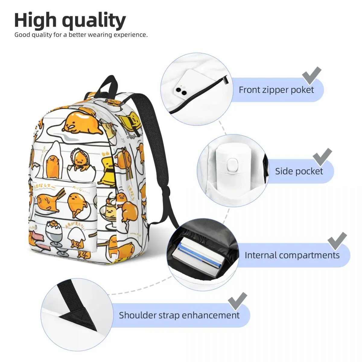 Gudetama Yoga Niedlicher Eier-Cartoon-Rucksack für Grundschule, weiterführende Schule, Studenten, Büchertaschen, Teenager-Tagesrucksack, Geschenk
