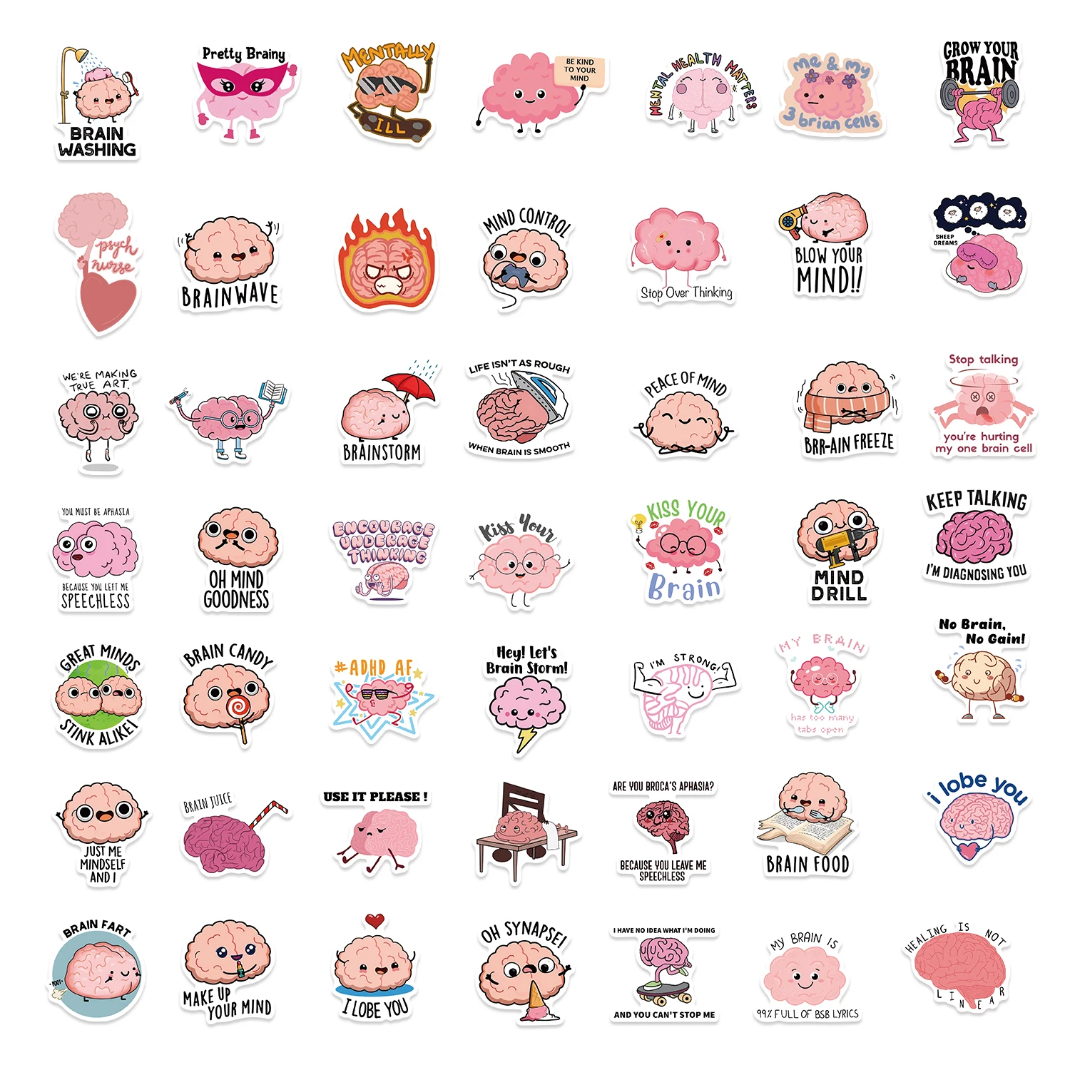 50PCS Funny Brain Pink Stickers DIY Diary Laptop Luggage Skateboard Graffiti Decal Fun Children’s Classic Toy