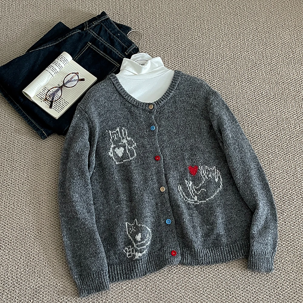 

Cute Cartoon Cat Knit Sweater Cardigans Colorful Buttons O-Neck Loose Knitted Outerwears Casual All-Match Autumn New Sweaters