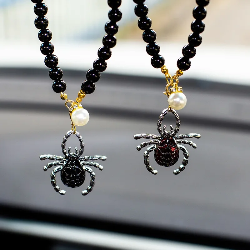 

Dark Simulated Pearl Chain Mirror Charm Hanging Pendant Alloy Spider Car Rearview Ornaments Auto Interior Acessories Trinkets