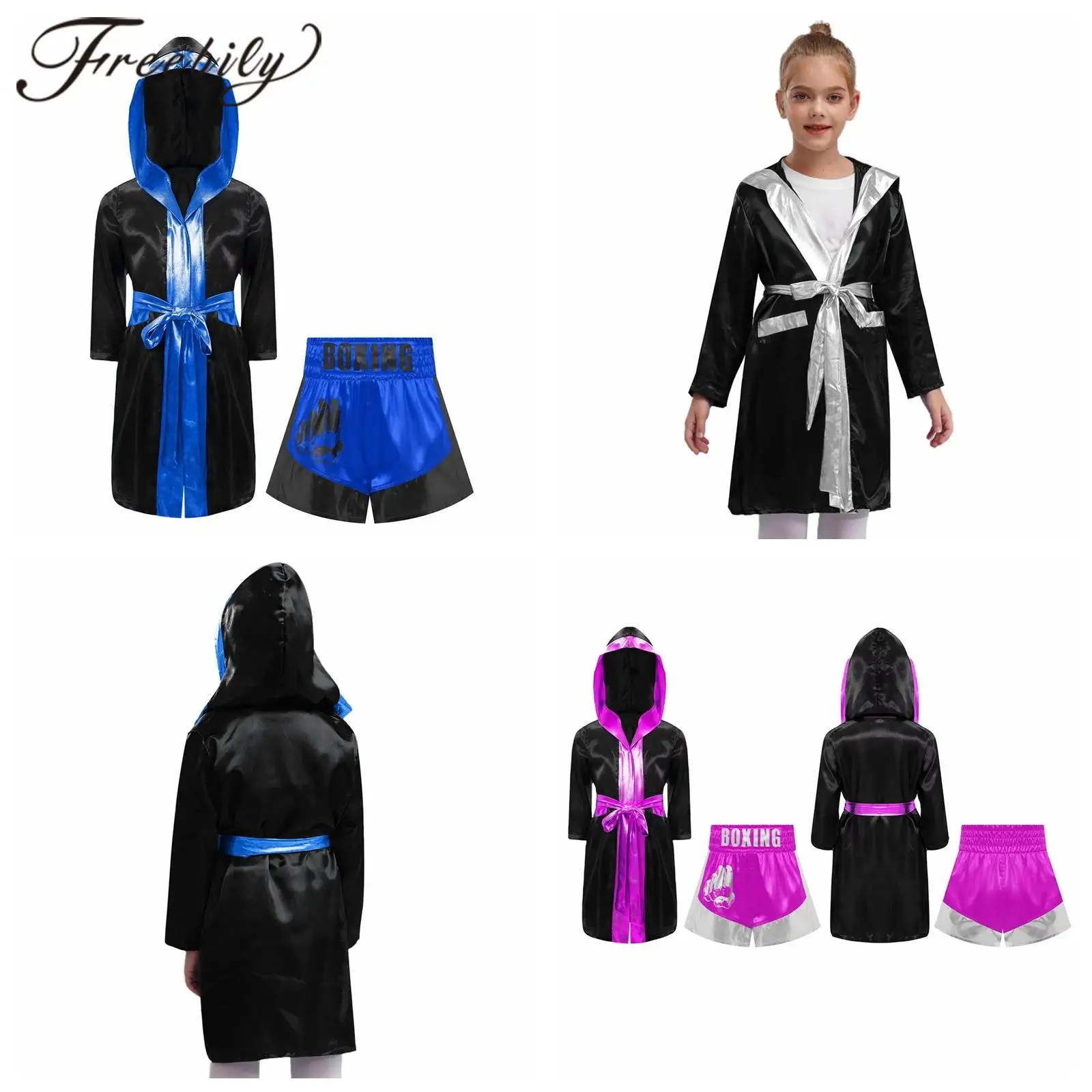 Boys Girls Boxing Robes Outfit Children Jiu Jitsu Training Costume Long Sleeve Satin Belted Robe Boxer Hooded Cloak with Shorts
