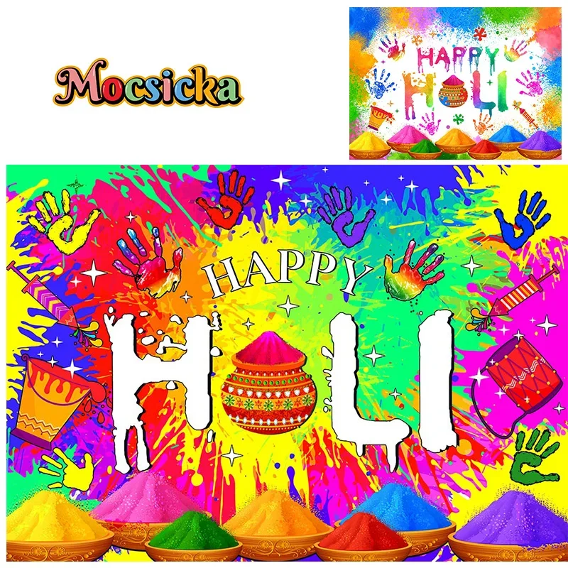 Mochisca Holi Happy Party Photography Backdrops Colourful Paint Backgrounds Adult Kids Portraits Indoor Banners Photo Studio