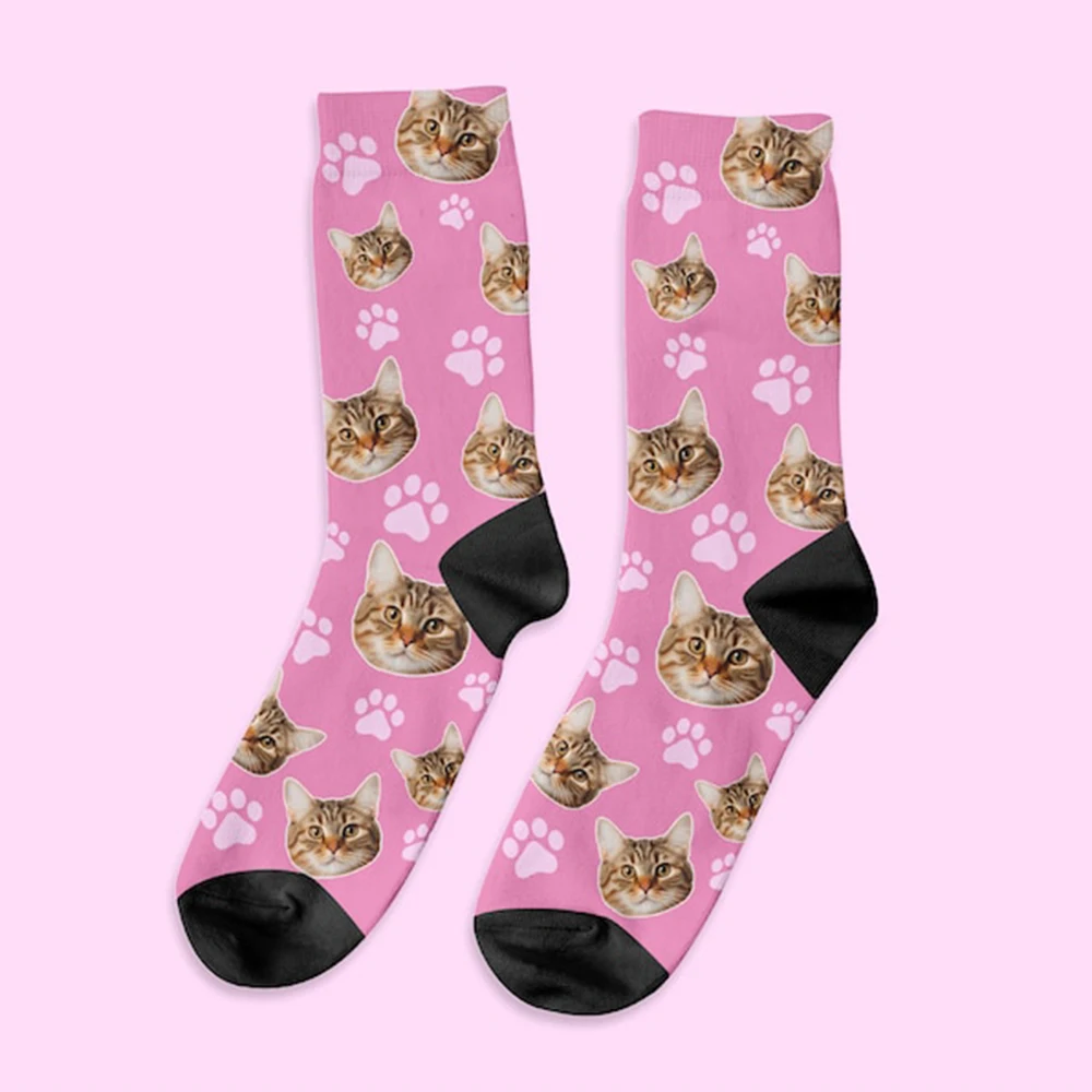 Calcetines personalizados con estampado 3D de gato para hombre y mujer, calcetines informales divertidos, novedad DIY, logotipo de foto