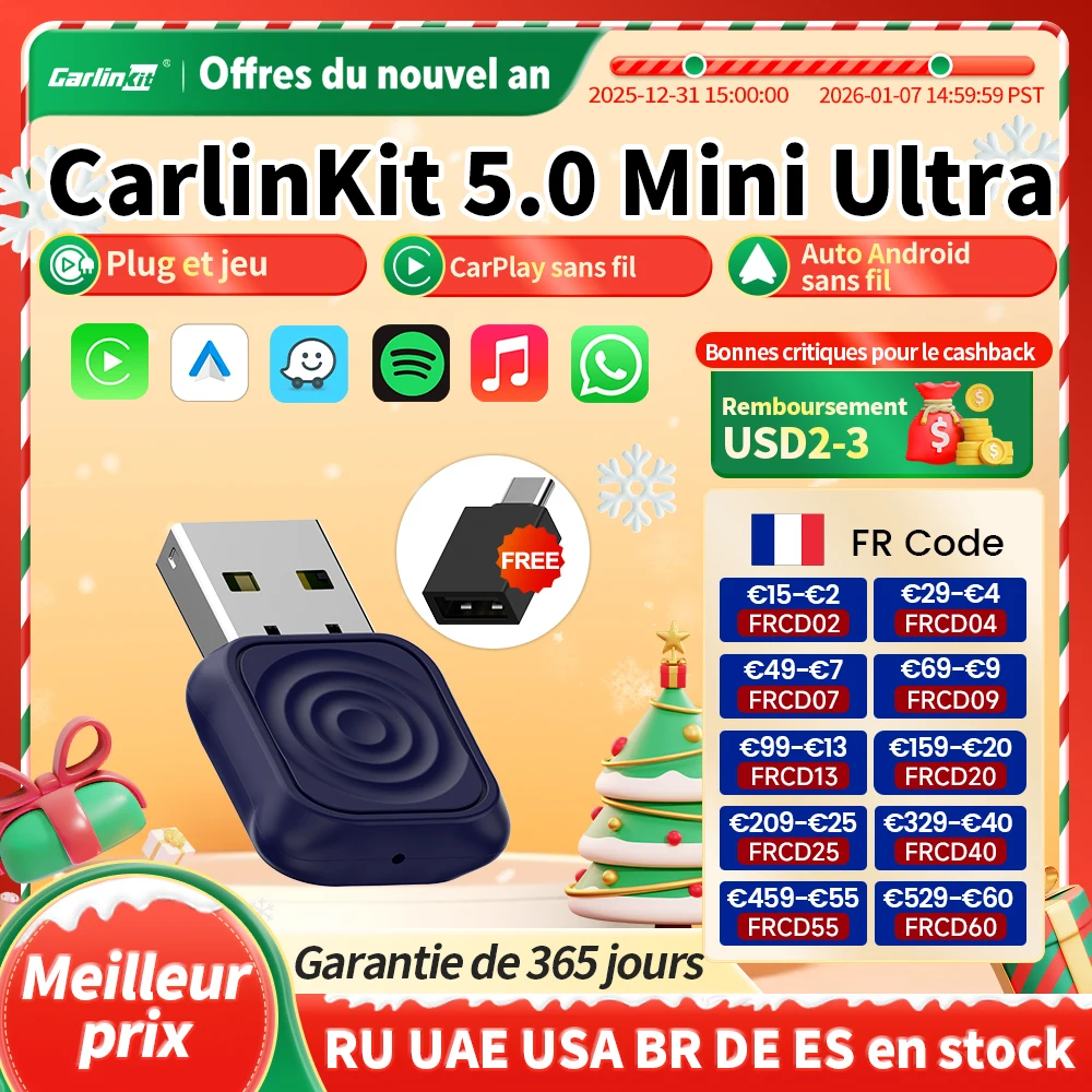 CarlinKit 5.0 adaptateur sans fil Mini Ultra sans fil Android Auto & CarPlay USB Dongle pour mise à niveau de voiture WiFi Bluetooth connexion automatique