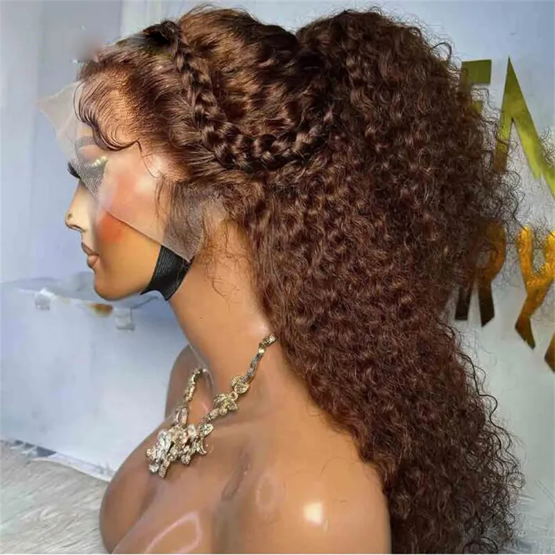 Natural Brown Glueless 26Inch Long 180%Density Kinky Curly Lace Front Wig For Women With Baby Hair Heat Resistant Daily Wig