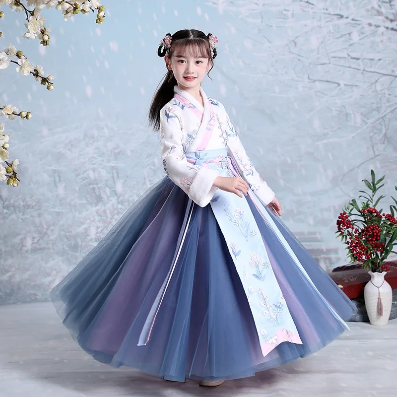 Girls Hanfu Plus Velvet For Autumn Winter 2022 Chinese Style Princess Dress Children's Costumes New Year's Clothes Tang Suit