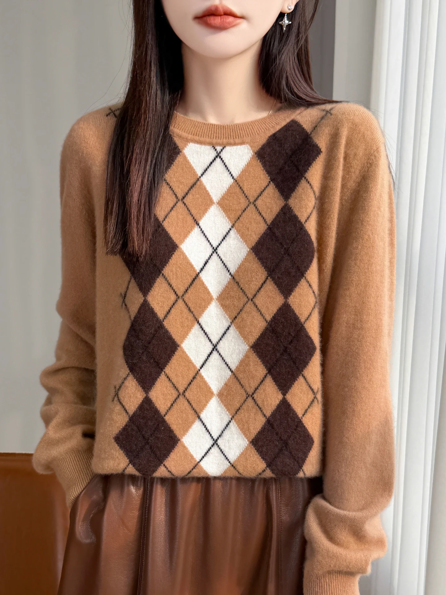 

TLOML Chic Women's 100% Merino Wool Knitwear O-Neck Argyle Pullover Sweater Autumn Winter Basic Soft Warm Female Clothing Tops