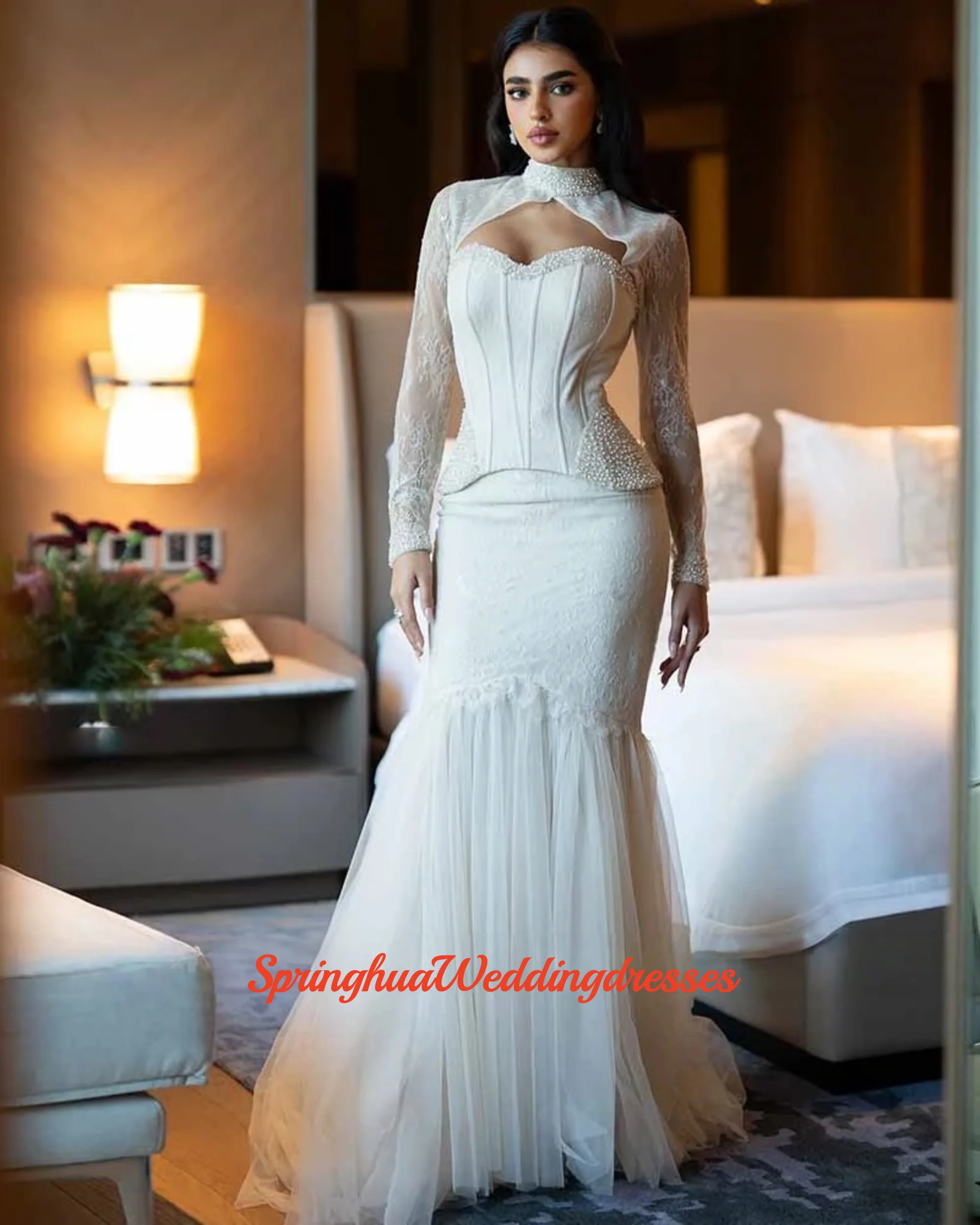 

Роскошные женские вечерние платья по индивидуальному заказу, платье знаменитости русалки цвета слоновой кости, водолазка с жемчугом, кружевные тюлевые платья с рюшами для выпускного вечера