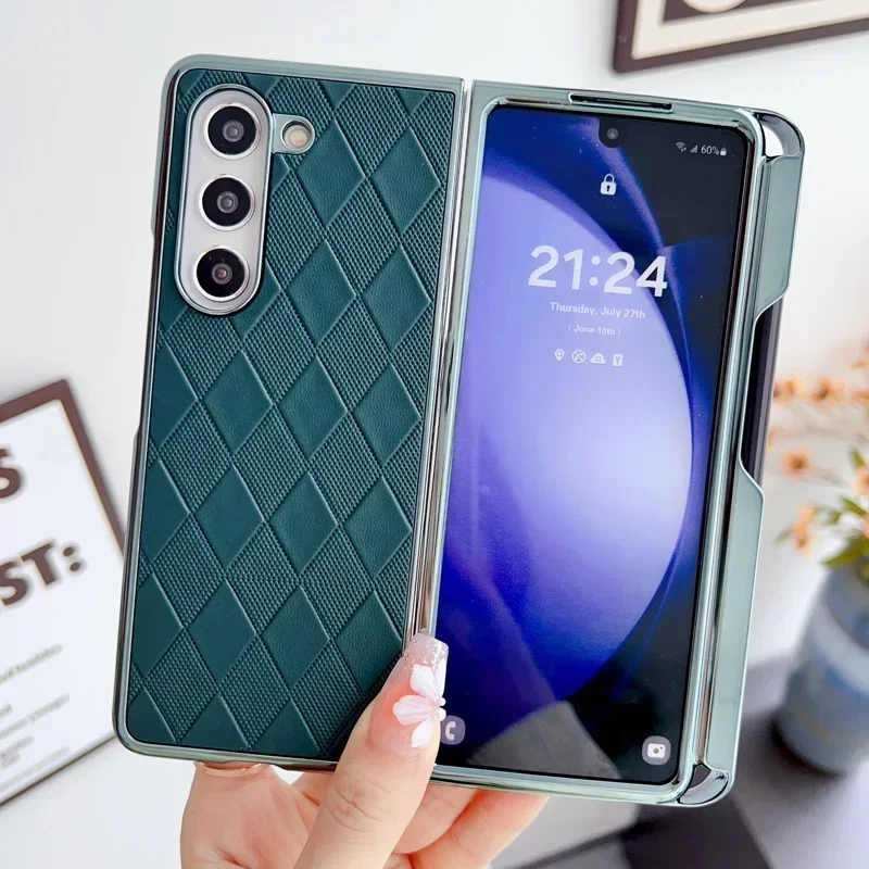 

Rhombic Pattern Leather Case for Samsung Galaxy Z Fold 6 5 4 3 Electroplated Frame with Stylus Pen Folding Cover for ZFold6