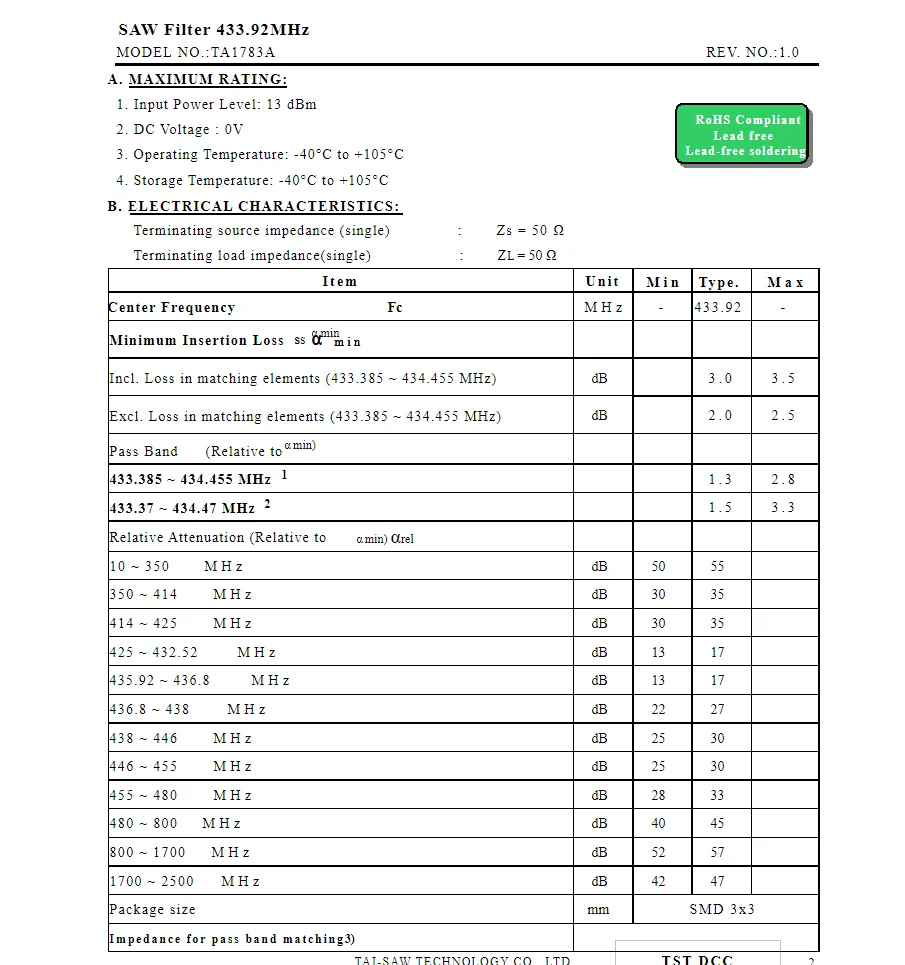 (10 قطعة) رمز TA1783A 1783 العلامة التجارية الجديدة الأصلية 433.92 ميجا هرتز المعبأة SMD SAW مرشح في المخزون