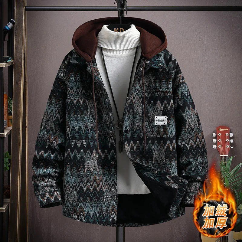 Autumn and winter hooded and fleece jacket, men's Hong Kong style teen jacket, fleece and thick style warm casual shirt