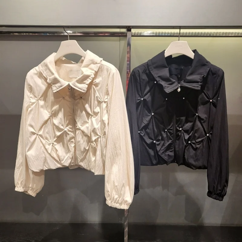 

Spring Summer Lightweight Casual Heavy Embroidery Hand Sewn ort Jaet Collar Loose Fit Zipper Closure Color