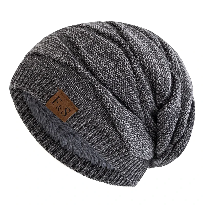New Unisex Slouchy Winter Hats Warm Fleece Lined Beanie Cap Men Women Casual Label Decor Mixed Color Knitted