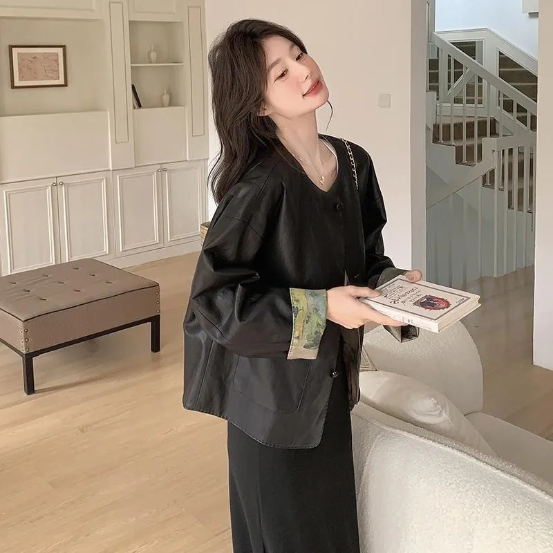 New Chinese Sle Double-Sided Wear PU Leather Jaet Women's ort Outerwear Spring Autumn New Arrival Ladies Faion