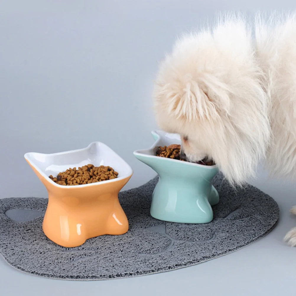 

Ceramic Cat Bowl Blue Oblique Mouth Food Dish Cervical Guard Smooth Pet Feeding Bowl Dog Puppy Feeder Travel Lightweight