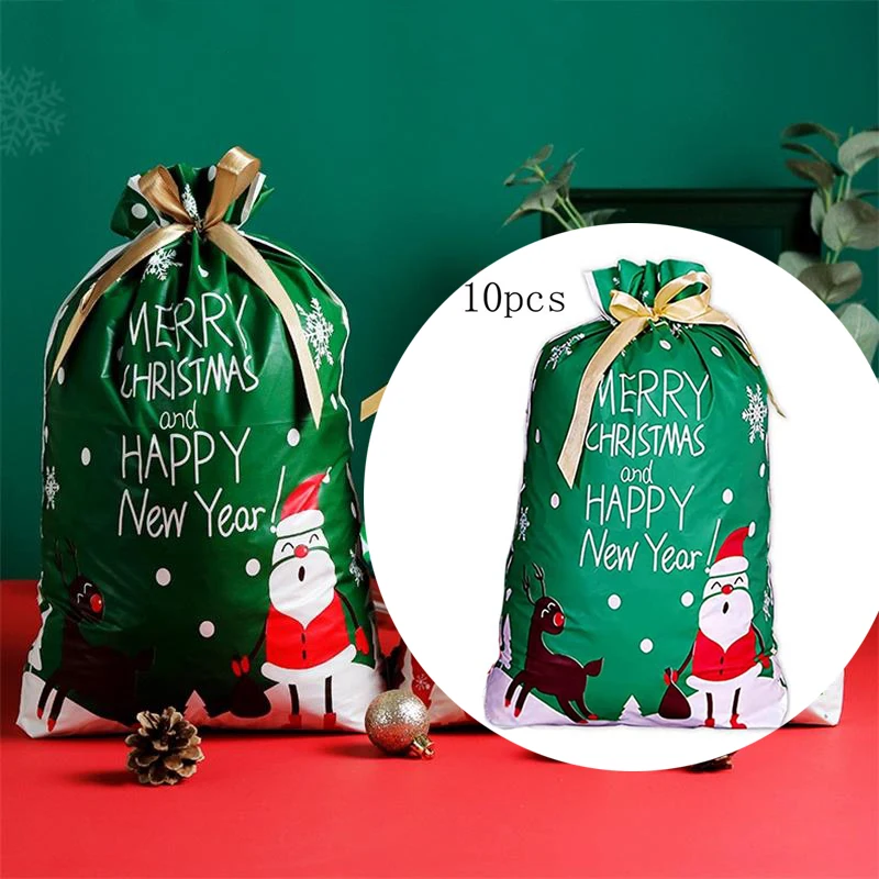 10Pcs Santa Gift Storage Bag Snowflake Printed Plastic Gift Wrapping Drawstring Merry Bags Christmas Decoration New Year 2025