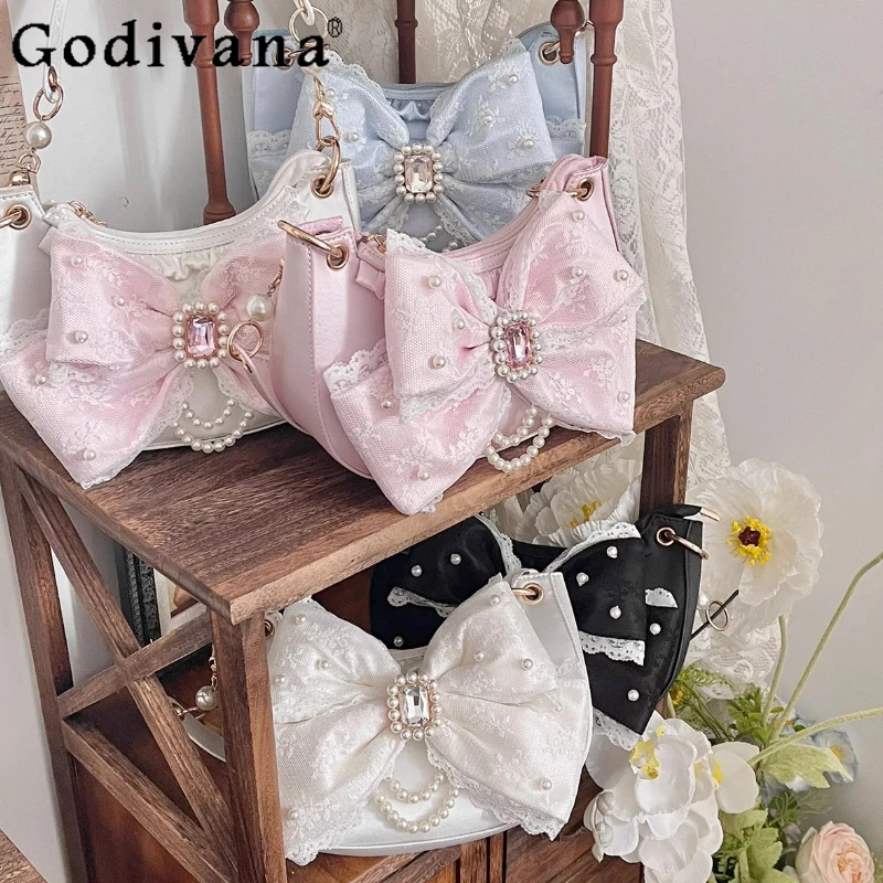 

Original Sweet Lolita Big Bow Backpack 2025 New Princess Style Cute Kawaii Pearl Chain Handbag Women's Fashion Versatile Handbag