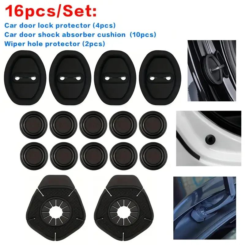 16pcs/Set Car Door Lock Protector Black Silicone Automotive Door Damping Pads and Wiper Hole Protectors for All Vehicle Models