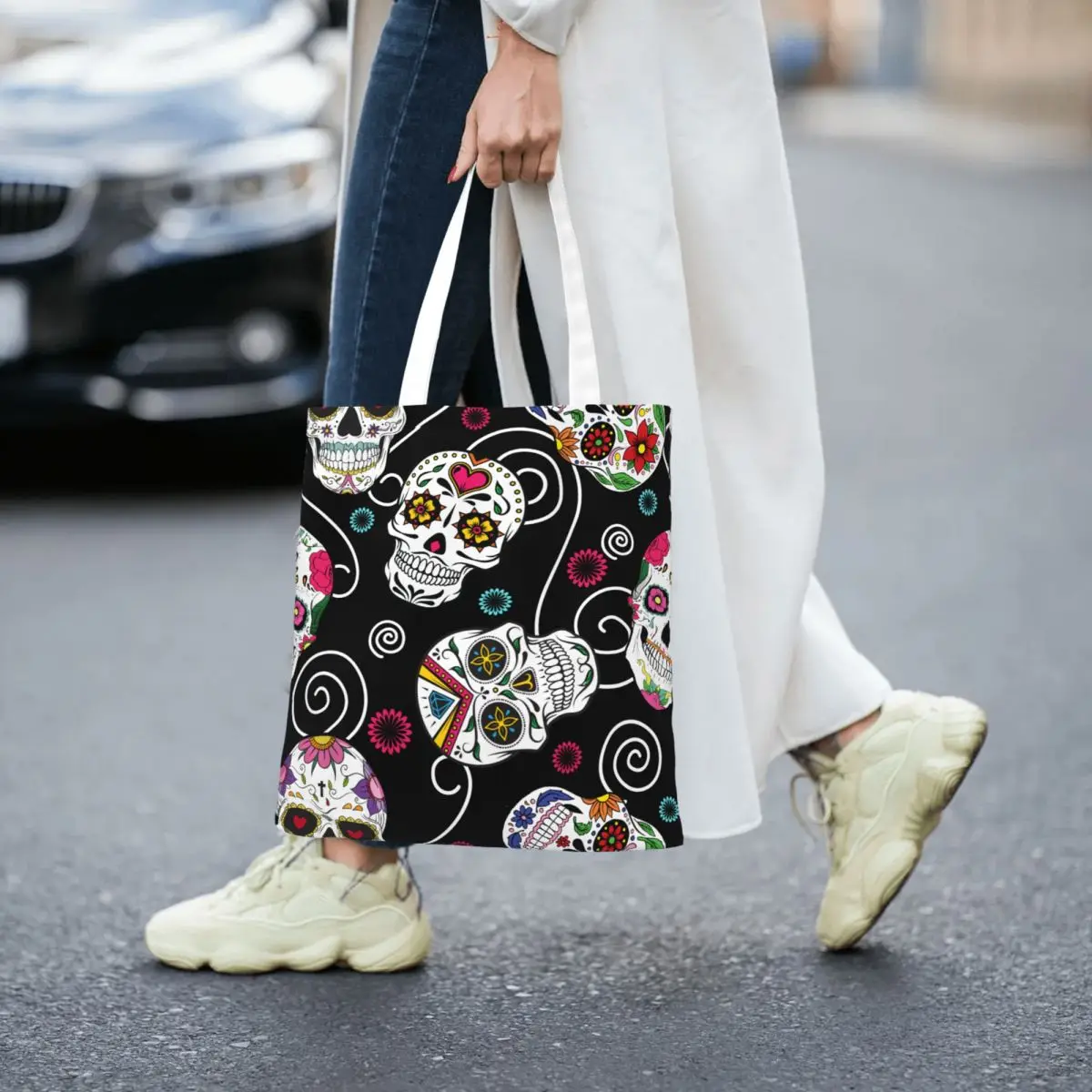 حقيبة يد من القماش على شكل جمجمة السكر لهدايا الهالوين، حقائب كتف يوم الموتى، حقائب تسوق ذات سعة كبيرة للنساء #3