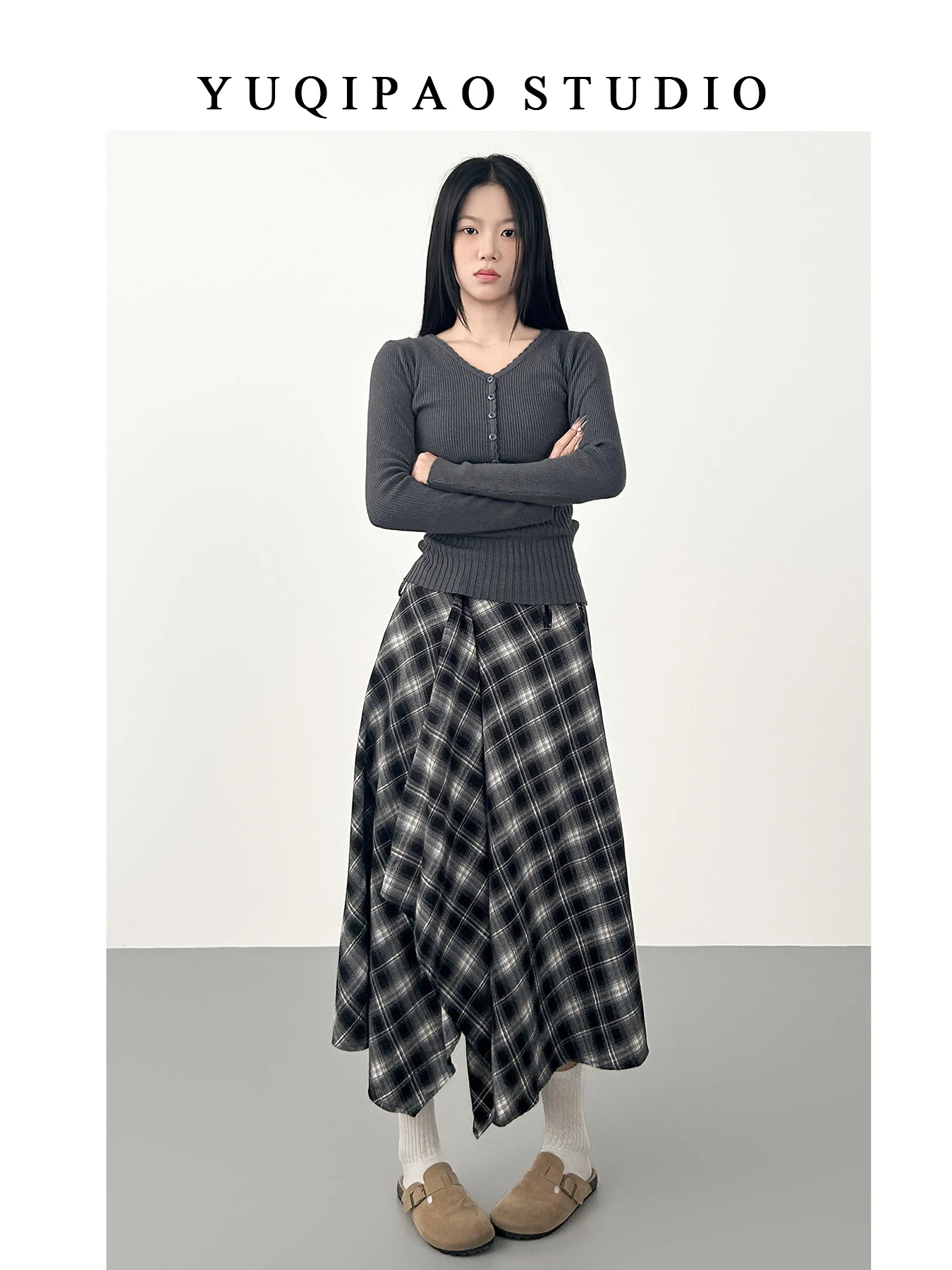 

Женская асимметричная юбка в клетку больших размеров, повседневный длинный халат трапециевидной формы с высокой талией для женщин больших размеров, осенняя одежда