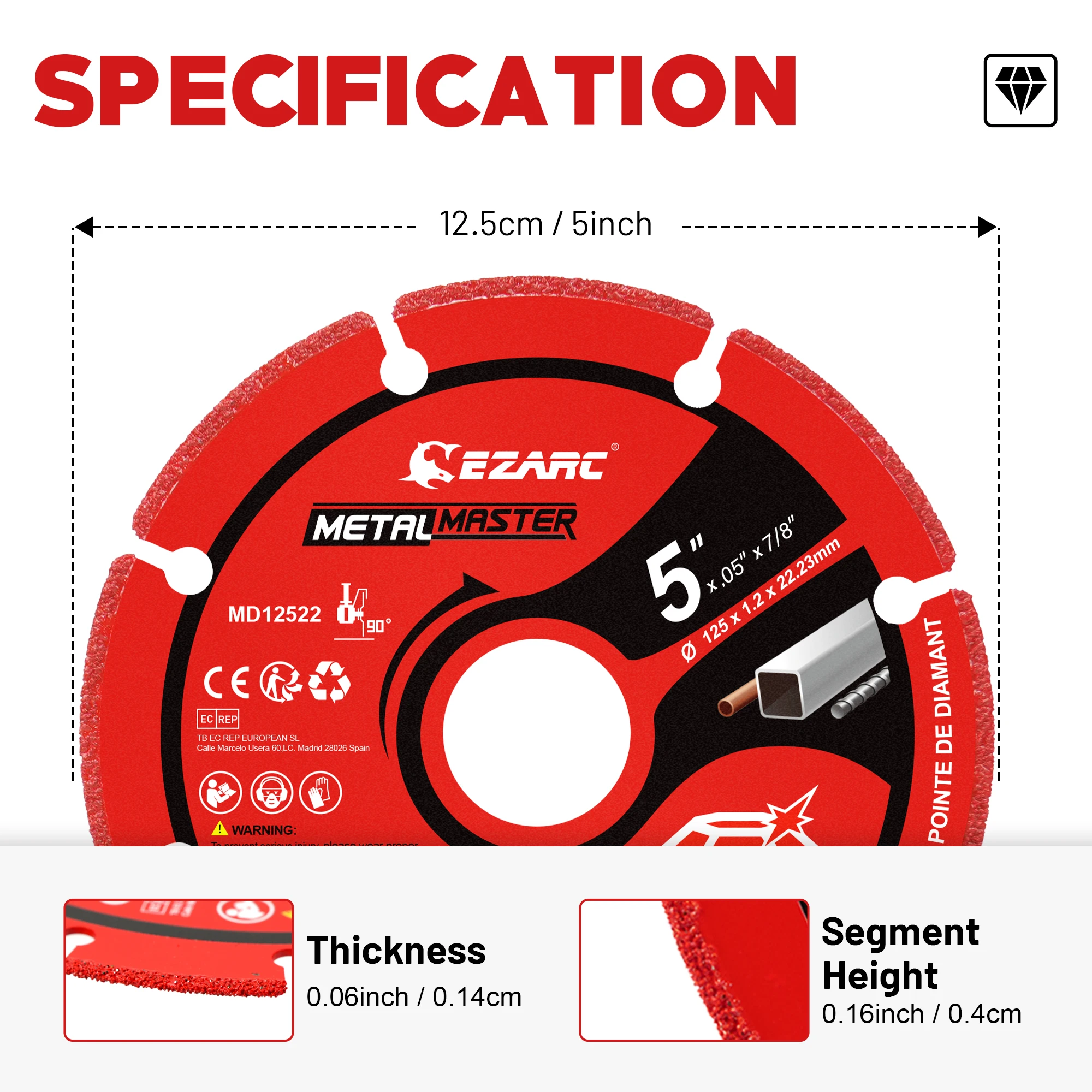 EZARC Diamond Cutting Wheel 125mm x 1.2mm x22.23mm Diamond Cut Disc for Metal, Cut Off Wheel with 5000+ Cuts on Steel Rebar Iron