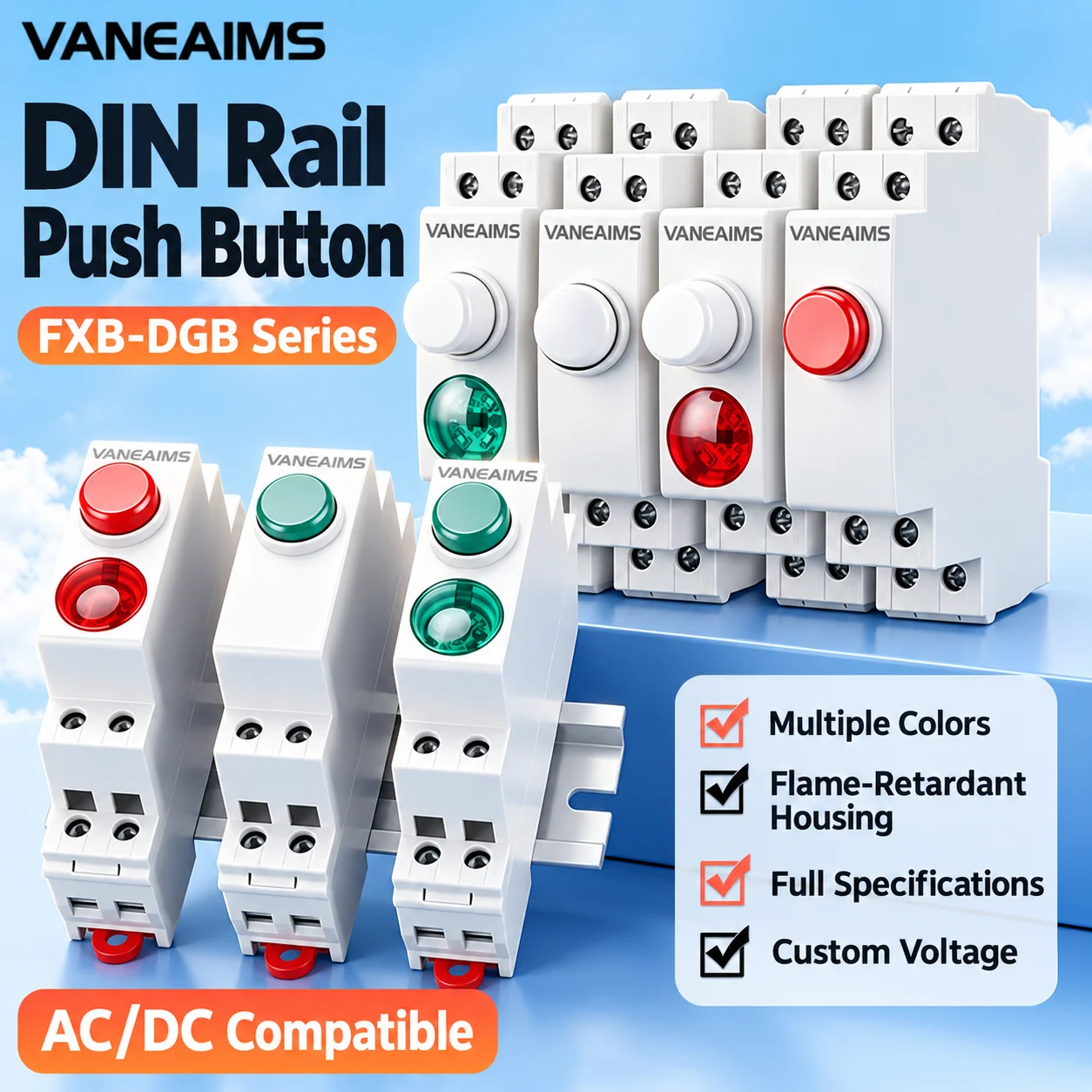 18mm Din Rail Mount Lamp Button Switch AC DC 230V 24V 12V Indicating Indication Pilot Light Rail Button Switch Reset Latching