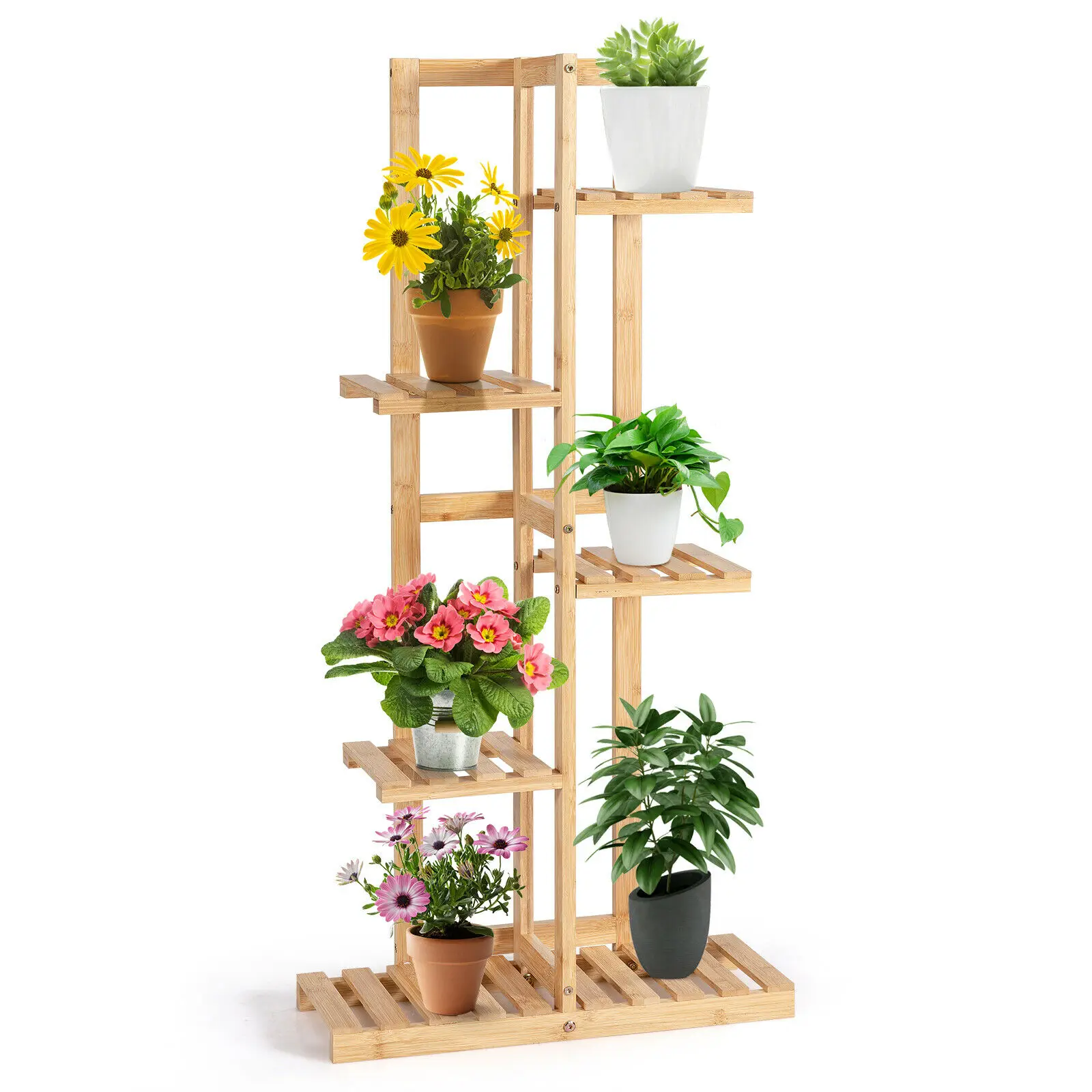 Costway 6 Potted 5 Tier Plant Stand Rack Bamboo Display Shelf for Patio Yard