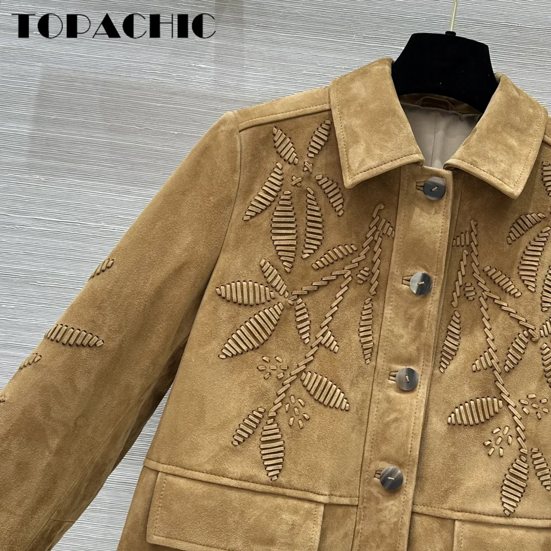 9.9 TOPACHIC-Women Vintage Lapel Genuine Leather Embroidered Jacket Suede Sheepskin Straight All-match Long Sleeve Casual Coat