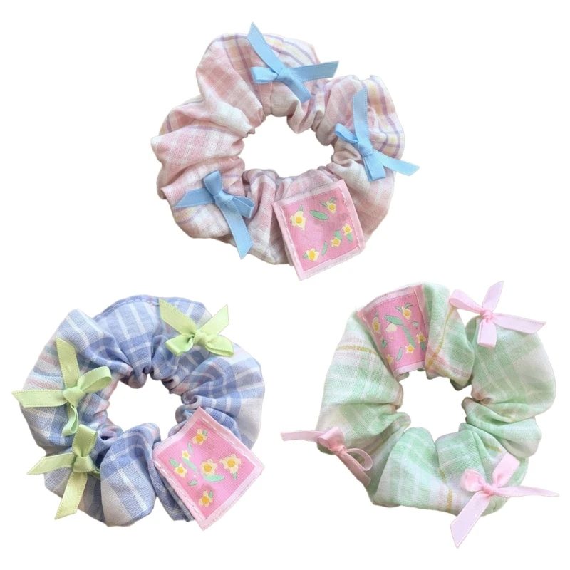 French Elastic Hair Scrunchies for Girl Lattice Pattern Hair Rope with Bowknot Decals Spring Hair Rope for Girl